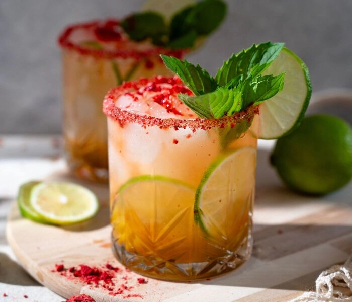 mangó mocktail fagyasztva szárított eperrel